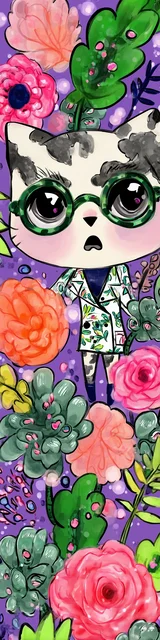 Free kawaii cats bookmark featuring a cat wearing green and orange glasses